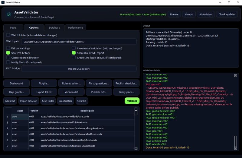 AssetValidator main GUI — validate run